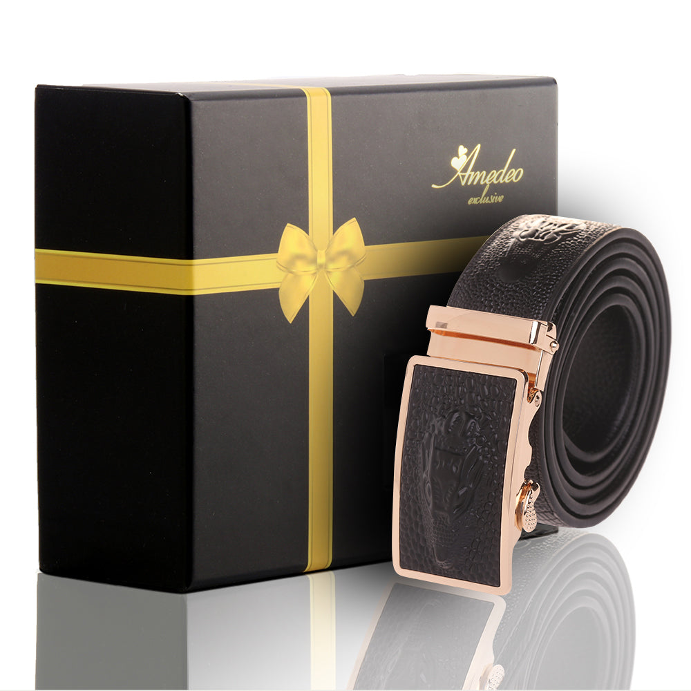 Men's Smart Ratchet No Holes Automatic Buckle Belt in Black with Gold Buckle, showcasing its elegant design and premium materials.