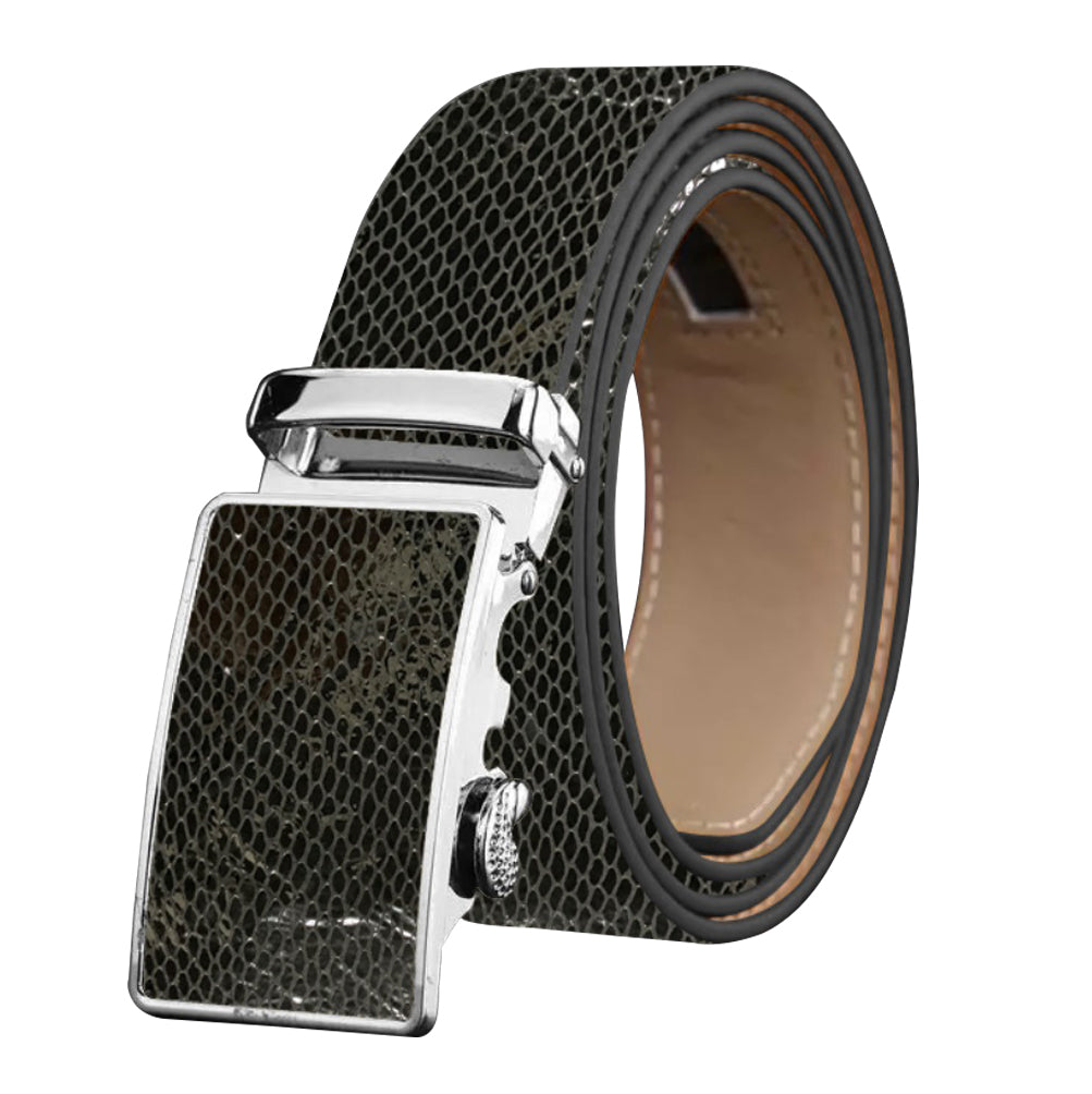 Men's Smart Ratchet No Holes Automatic Buckle Belt in Snake Skin with stainless steel buckle, showcasing its elegant design and adjustable features.