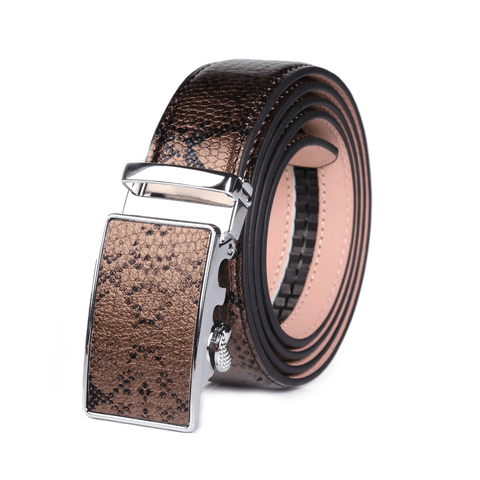 Men's Smart Ratchet No Holes Automatic Buckle Belt in Snake Skin with stainless steel buckle, showcasing its elegant design and adjustable features.