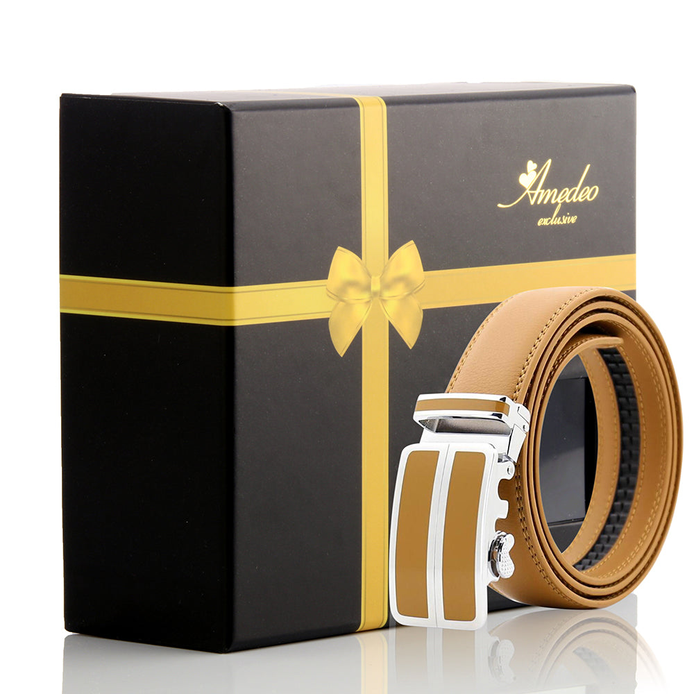 Men's Smart Ratchet No Holes Automatic Buckle Belt in Tan with Silver Buckle, showcasing its sleek design and premium materials.