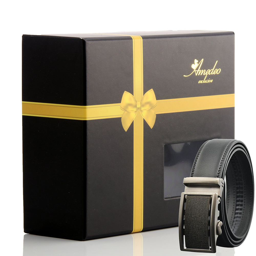 Men's Smart Ratchet No Holes Automatic Buckle Belt with stainless steel buckle, adjustable size, and elegant black leather design.