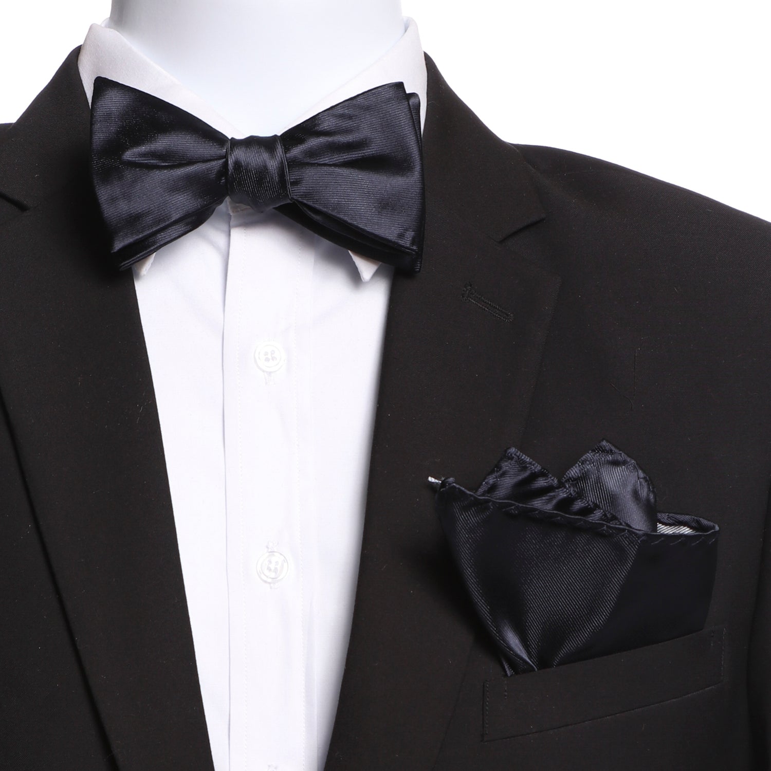 Men's Solid Black Silk Self Bow Tie with matching handkerchief in an elegant gift box, showcasing luxurious Italian silk craftsmanship.