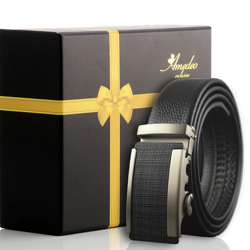 Men's stainless steel belt featuring a sleek silver and black automatic buckle, designed for comfort and adjustable fit.