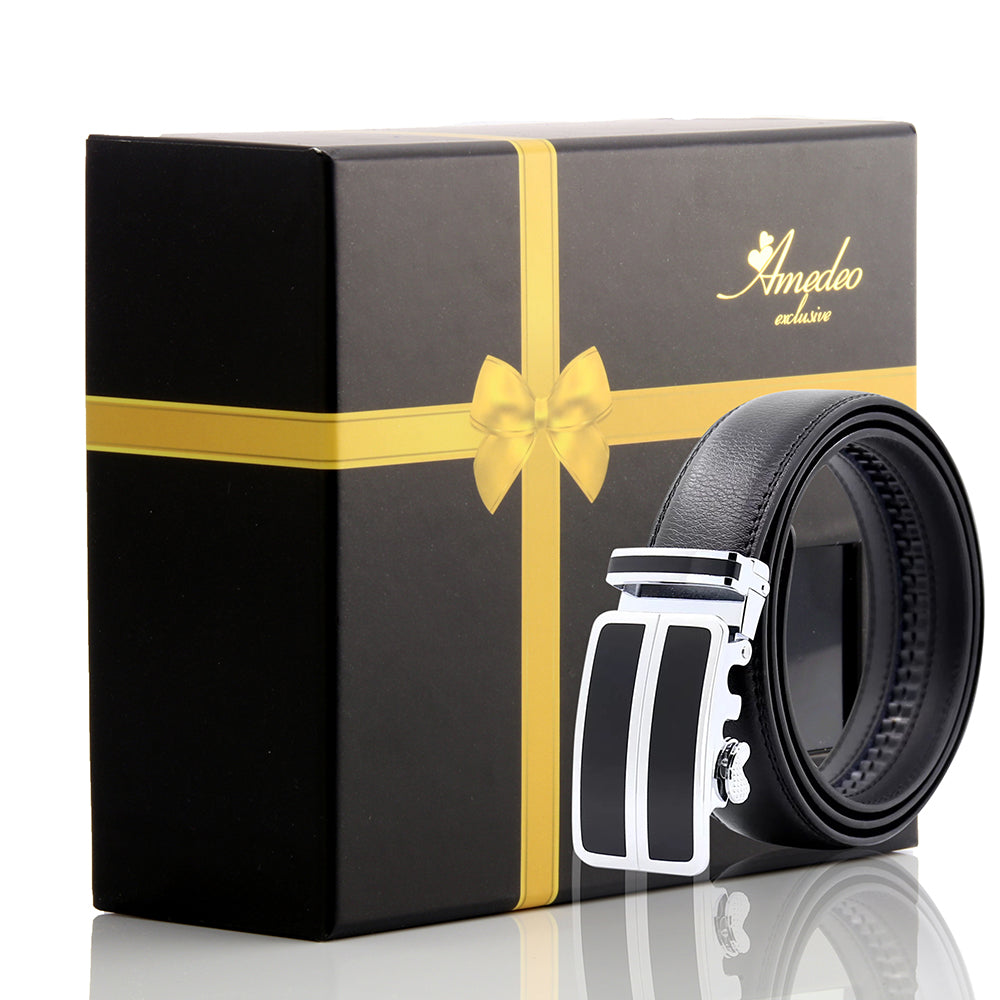 Men's Stainless Steel Black Belt featuring a stylish silver and black automatic buckle, perfect for any occasion.