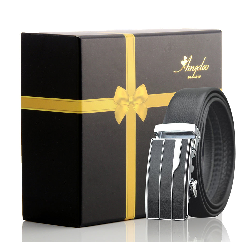 Men's black leather belt featuring a stainless steel automatic buckle in silver and black, elegantly displayed in a gift box.