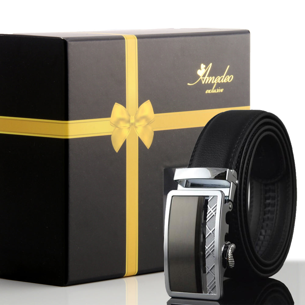 Men's stainless steel black belt featuring a stylish silver and black automatic buckle, perfect for casual and formal wear.
