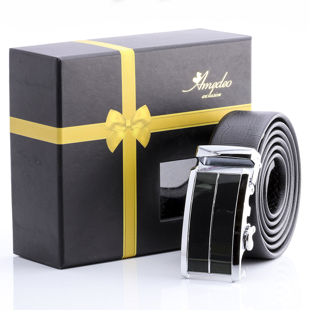 Men's black leather belt featuring a stainless steel silver buckle, designed for comfort and style.