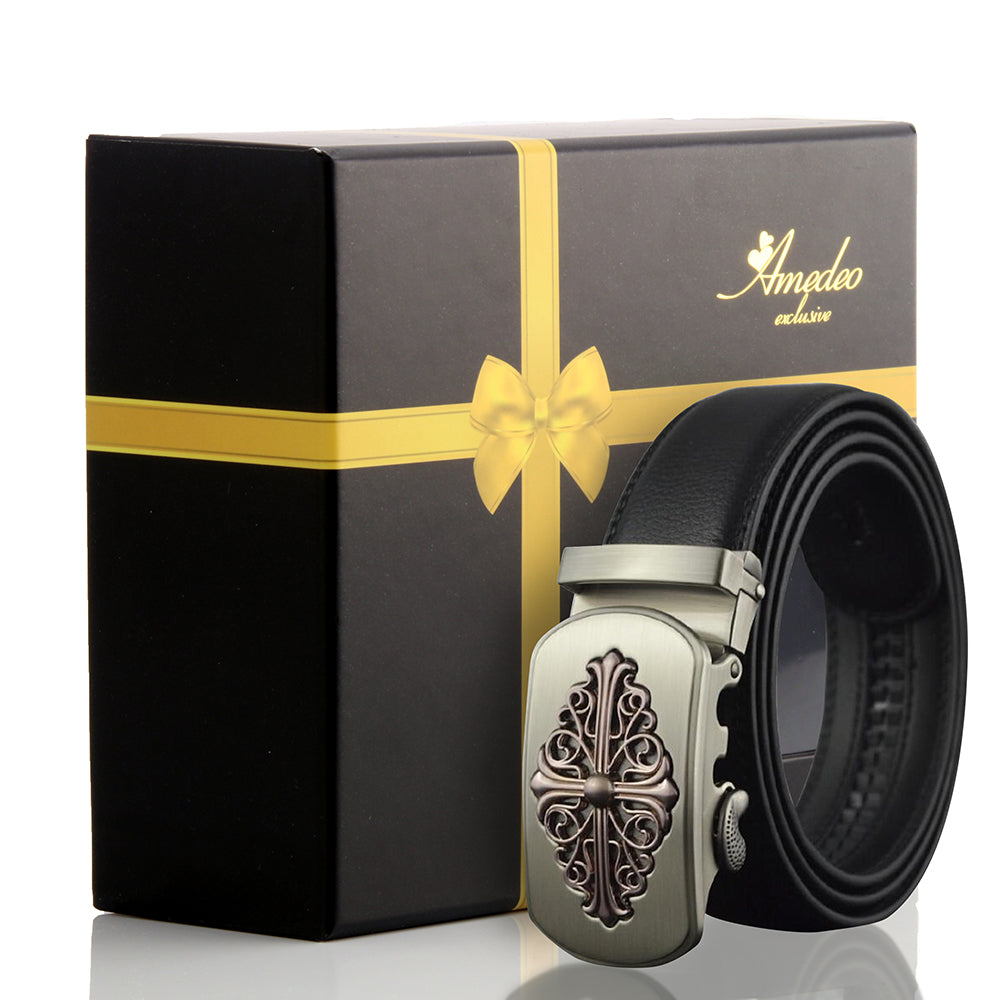 Men's black belt made of stainless steel with a silver automatic buckle, showcasing a sleek and modern design.