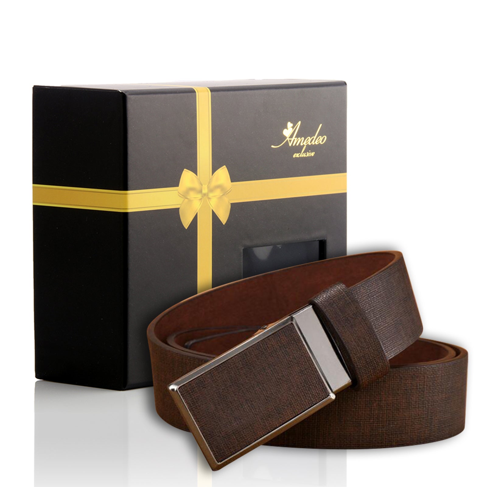 Men's brown belt featuring a stainless steel automatic buckle, showcasing its elegant design and adjustable fit.