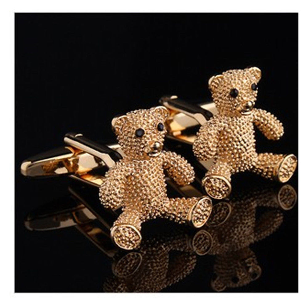 Mens Stainless Steel Gold Bears Cufflinks featuring dark blue stone accents, elegantly displayed in a gift box.