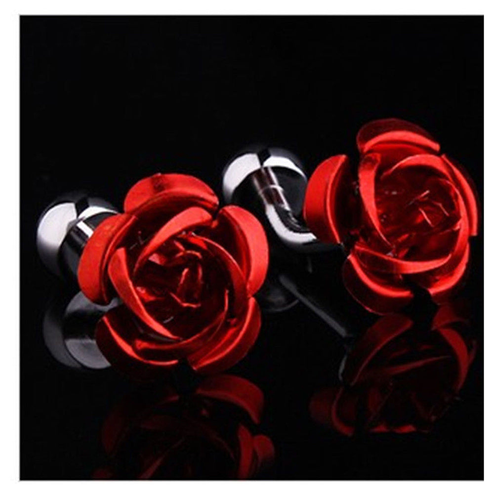 Men's Stainless Steel Cufflinks featuring a red rose design, elegantly displayed in a gift box.