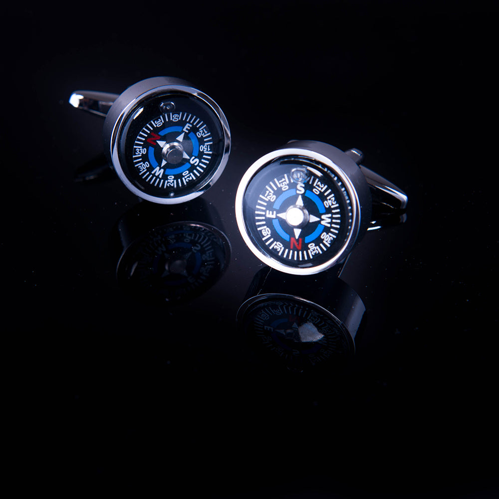 Men's stainless steel cufflinks featuring a black compass design and dark blue stone triangle, elegantly crafted for formal and casual wear.