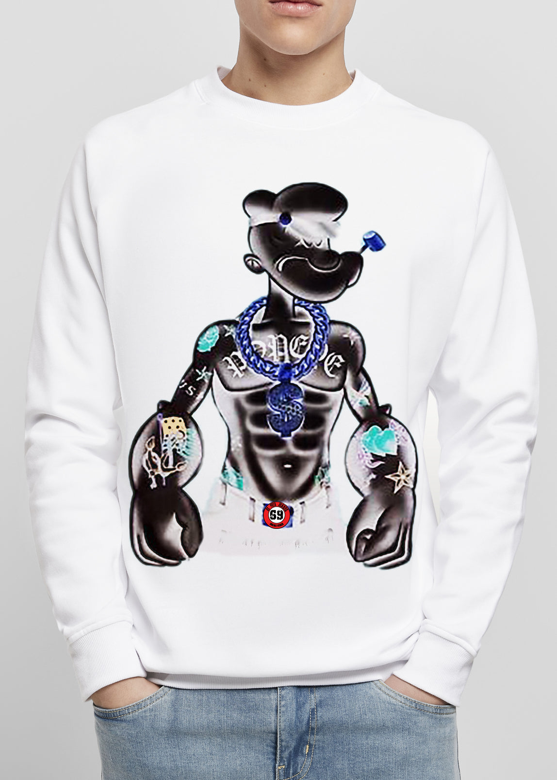 Men's sweatshirt featuring a trendy Popeye design, made from high-quality jersey cotton with durable prints.