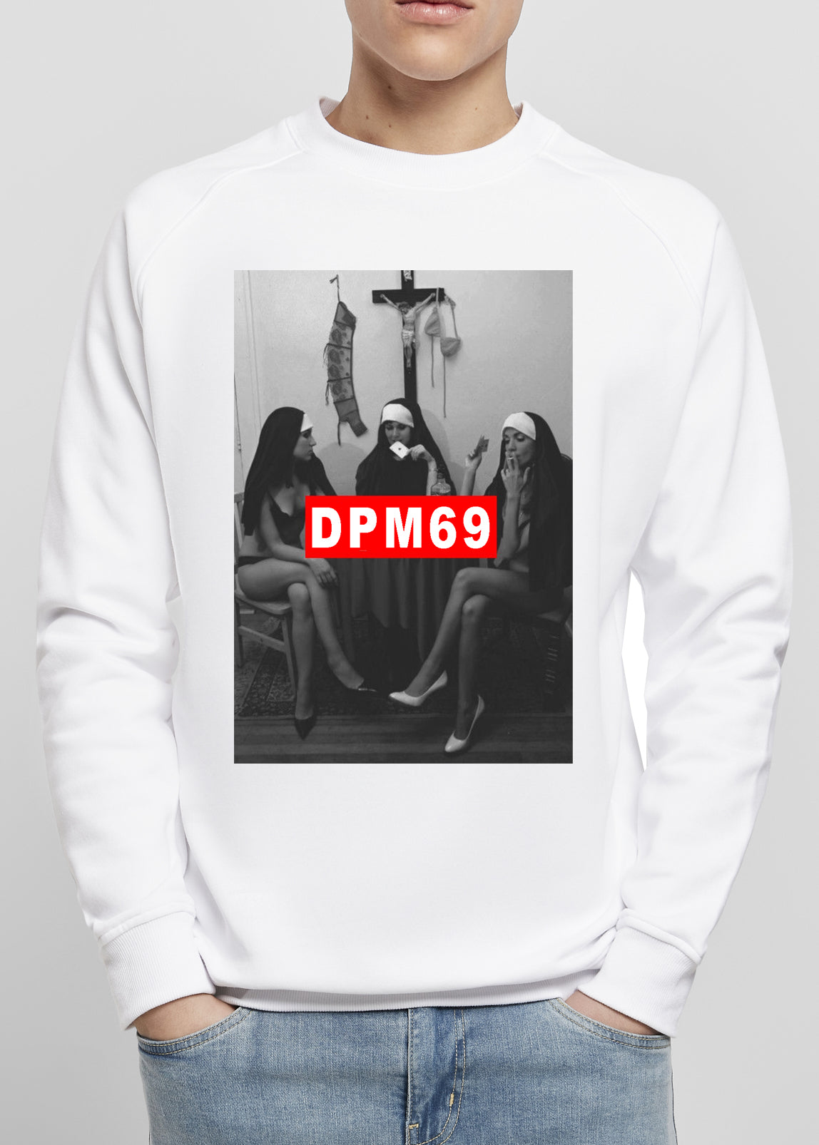 Men's black sweatshirt featuring unique handmade prints and DPM69 logo, showcasing trendy urban fashion.
