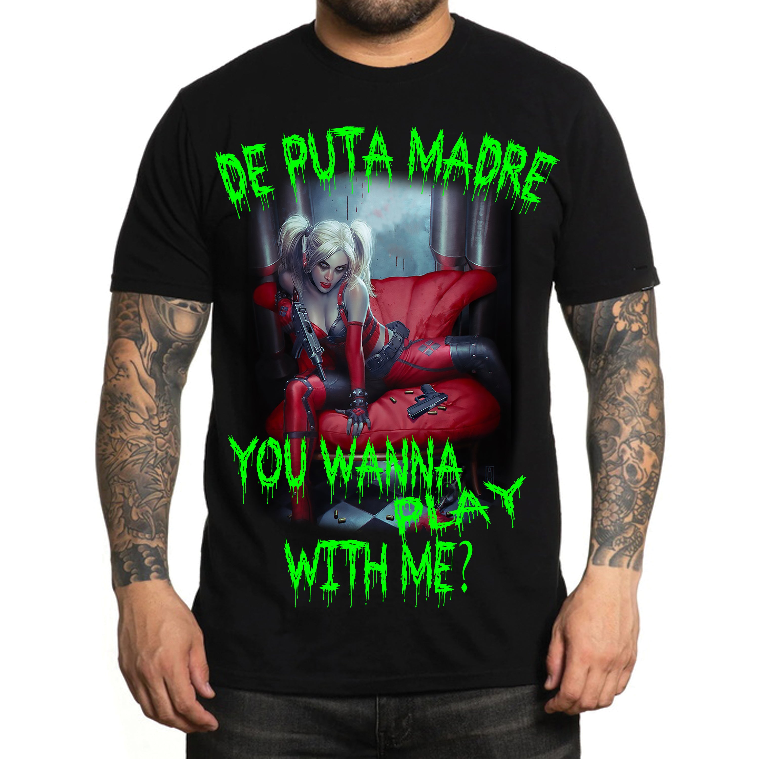 Men's Harley Queen T-Shirt featuring a vibrant Joker print on a soft jersey cotton fabric, showcasing a trendy design.