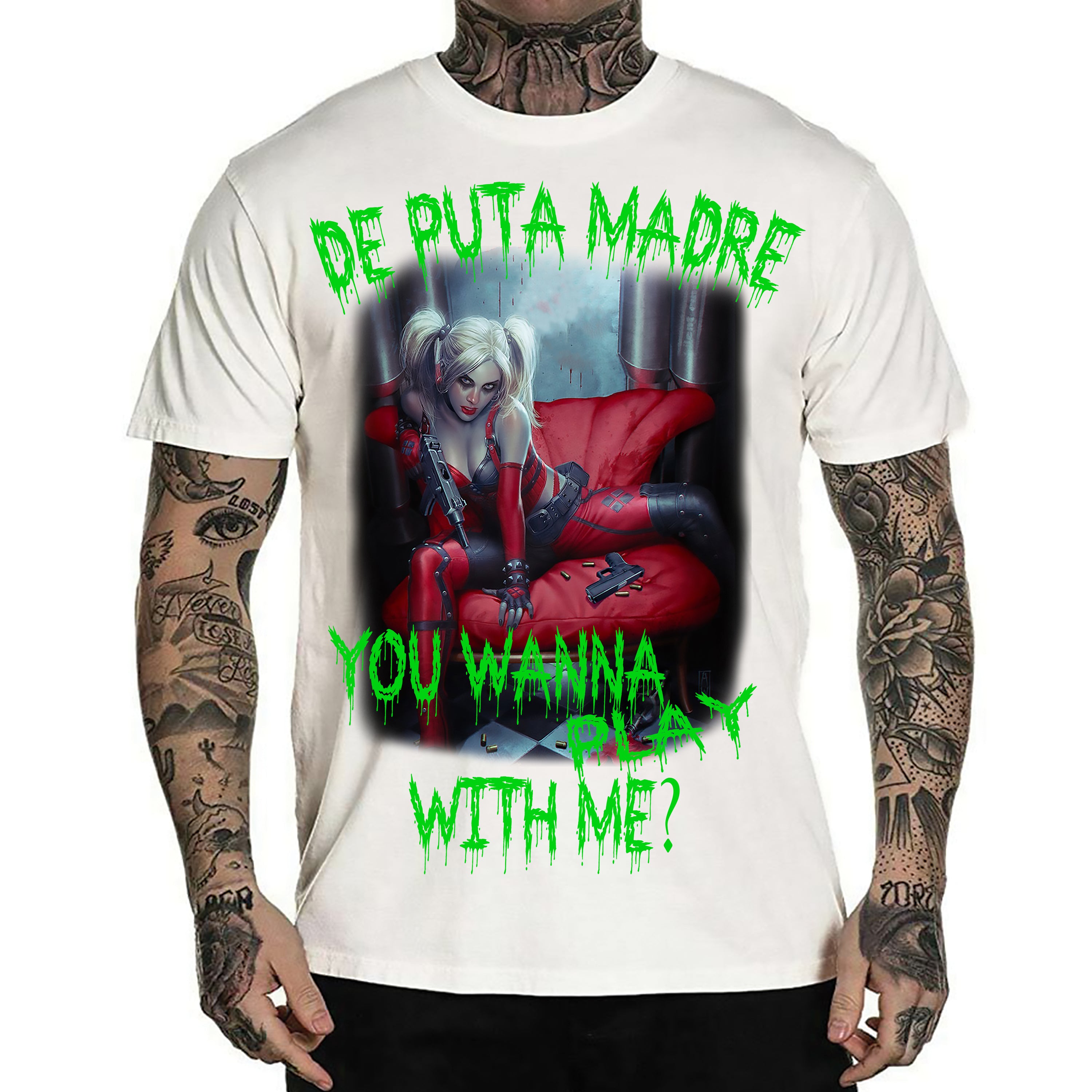 Men's Harley Queen T-Shirt featuring a vibrant Joker print on a soft jersey cotton fabric, showcasing a trendy design.