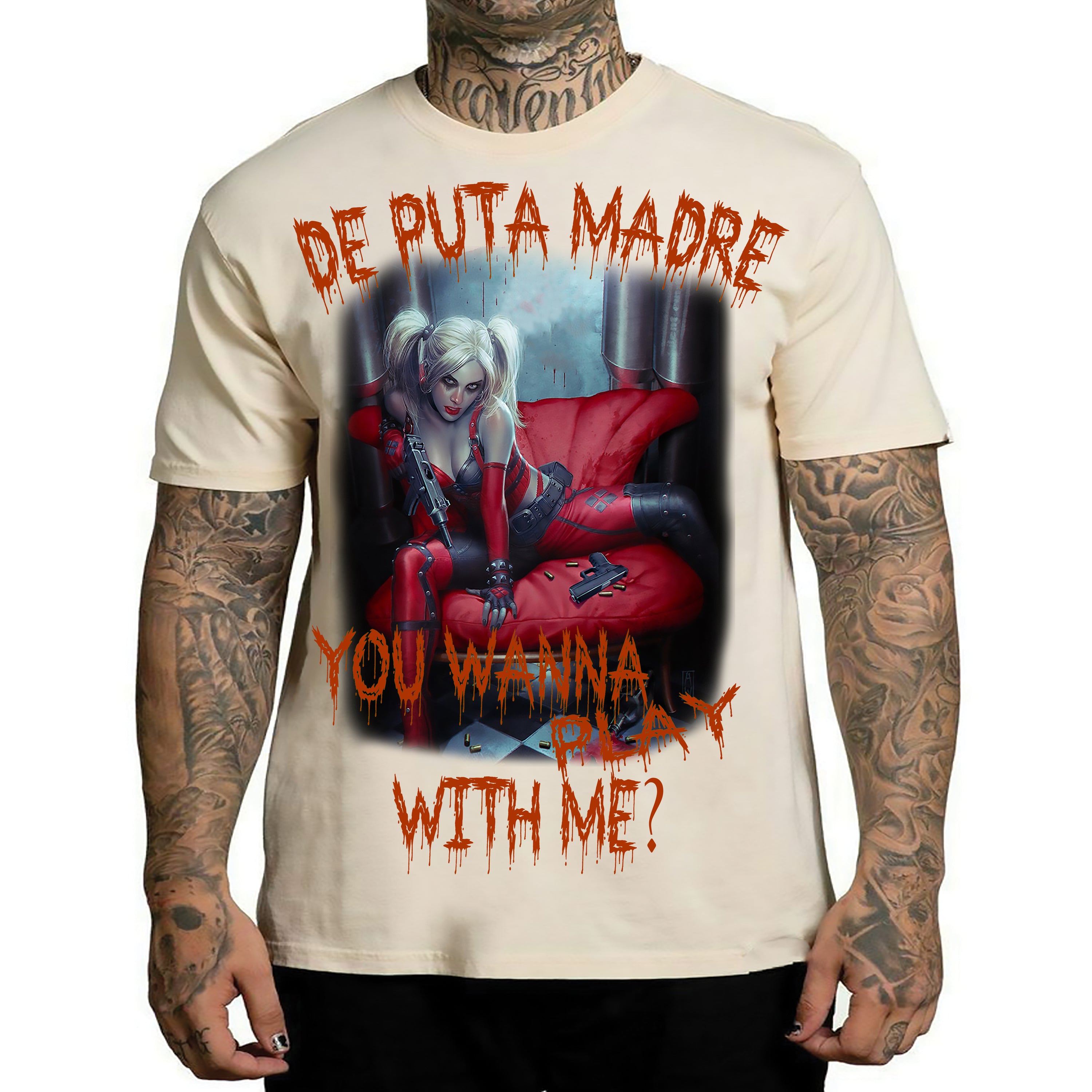 Men's Harley Queen T-Shirt featuring a vibrant Joker print on a soft jersey cotton fabric, showcasing a trendy design.