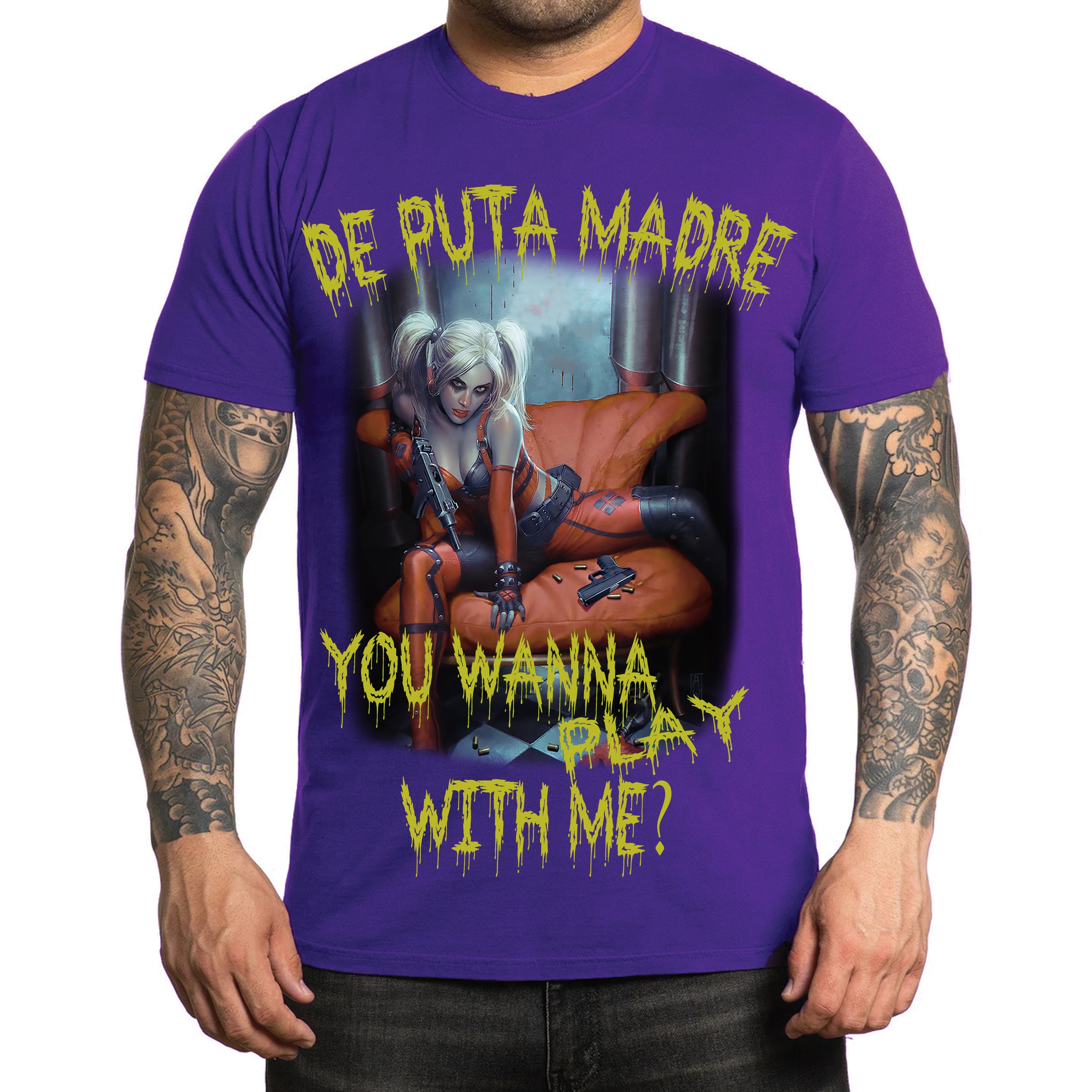 Men's Harley Queen T-Shirt featuring a vibrant Joker print on a soft jersey cotton fabric, showcasing a trendy design.