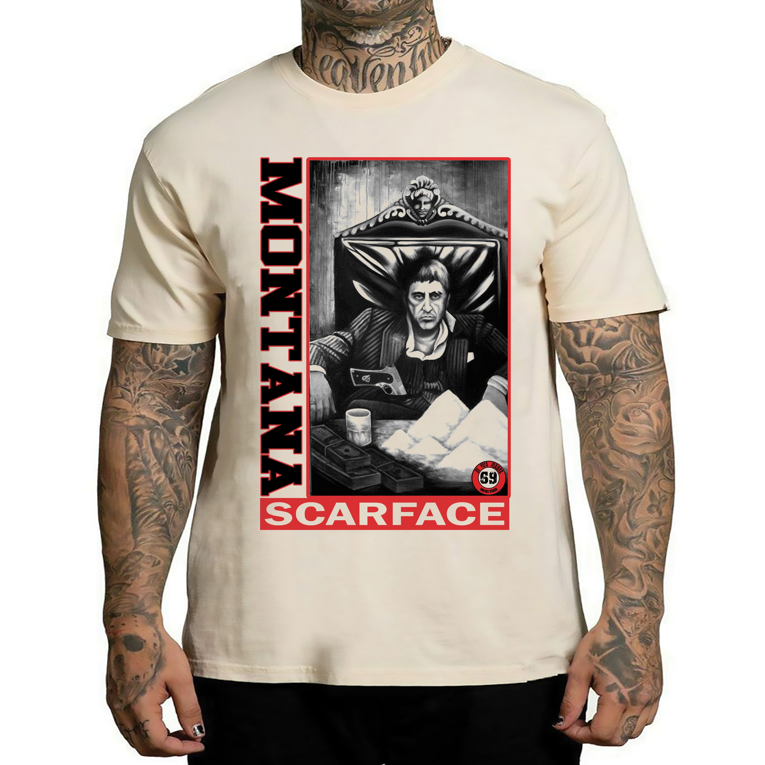 Men's T-Shirt featuring Tony Montana print from Scarface, showcasing a trendy design and high-quality fabric.