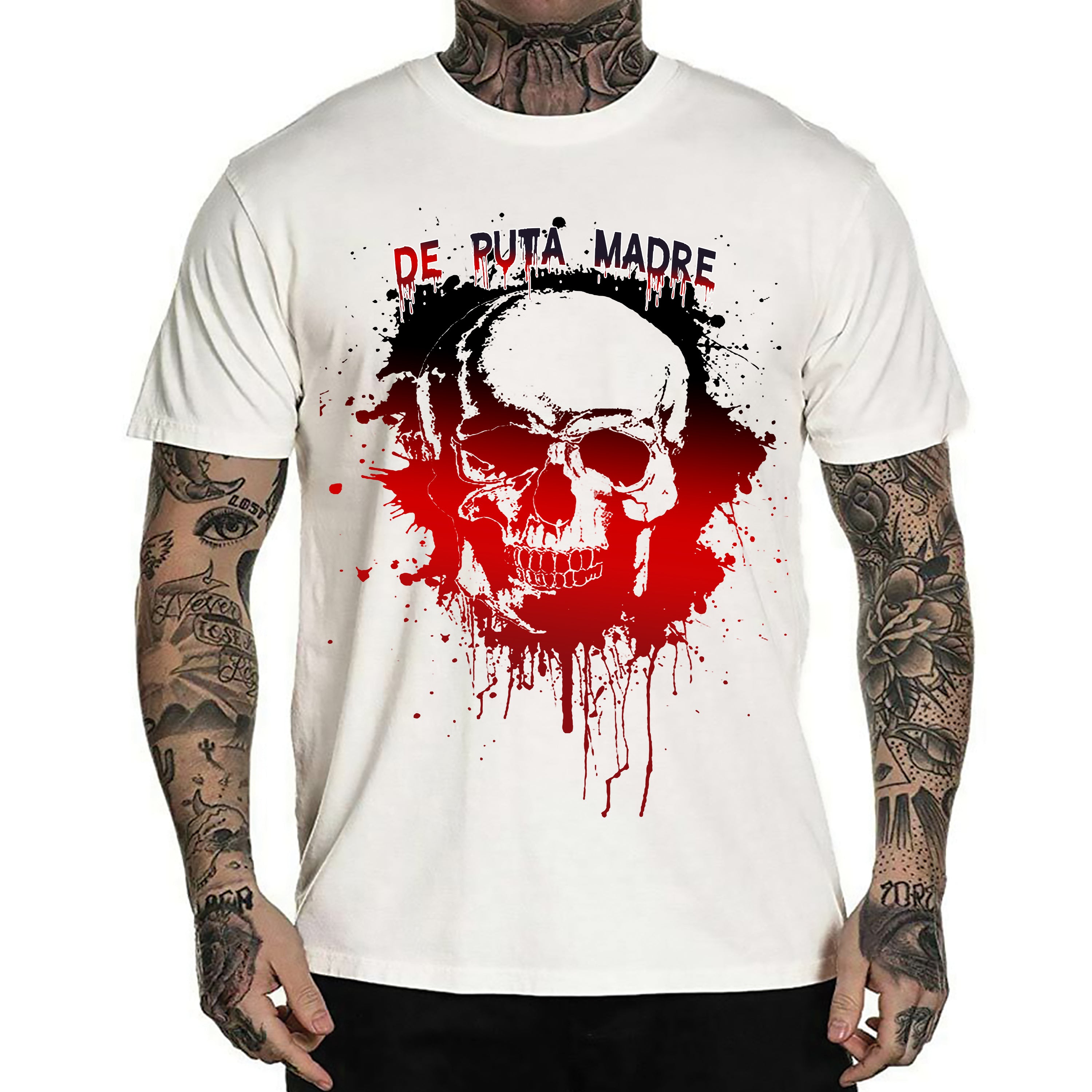 Men's T-shirt Skull Nation featuring unique handmade skull prints on high-quality jersey cotton, showcasing street style.