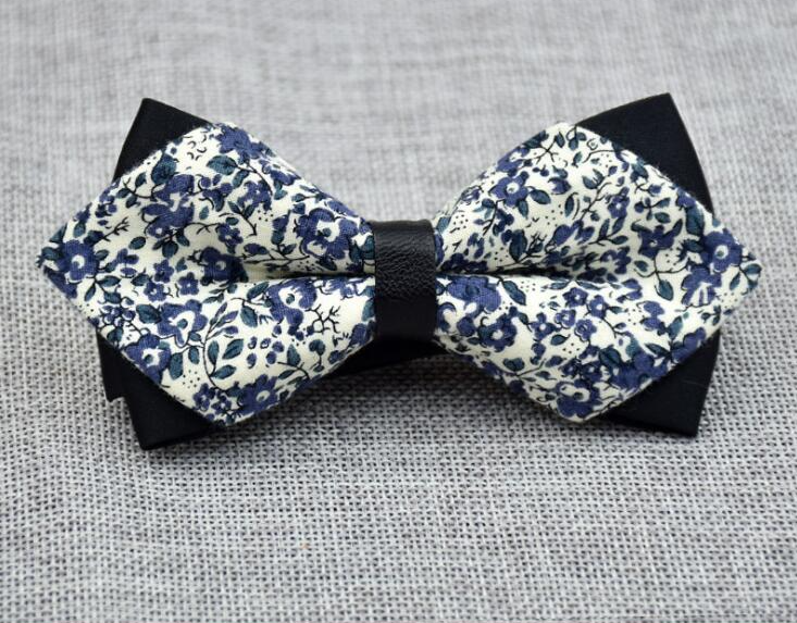 Men's White Blue Floral Pre-Tied Bow Tie made from 100% soft cotton, featuring an elegant floral pattern, perfect for formal occasions.
