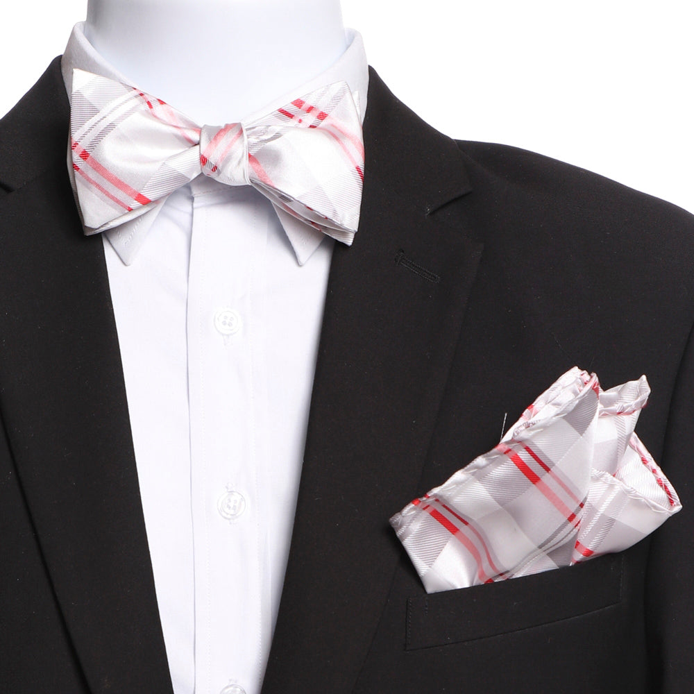 Amedeo Men's White Grey Red Plaid Self Bow Tie with matching handkerchief in an elegant gift box.