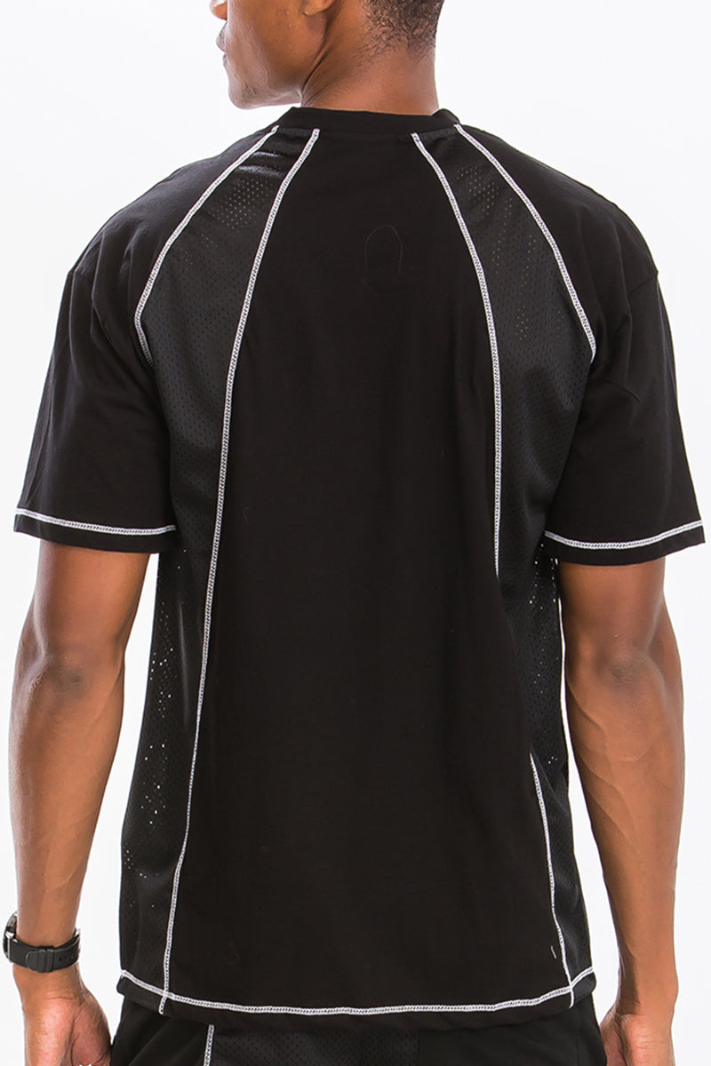 A stylish MESH WHITE STITCH SHIRT featuring white contrast stitching, made from a comfortable polyester-spandex blend.