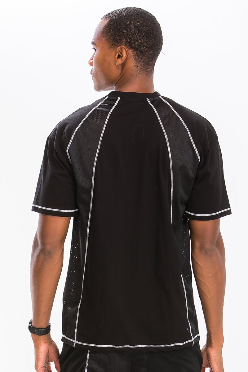 A stylish MESH WHITE STITCH SHIRT featuring white contrast stitching, made from a comfortable polyester-spandex blend.