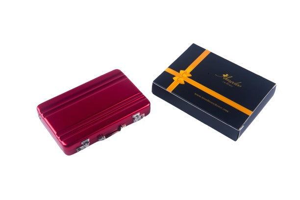 Metal Men's Pocket-Sized Red Business Card Holder showcasing its sleek design and vibrant color.