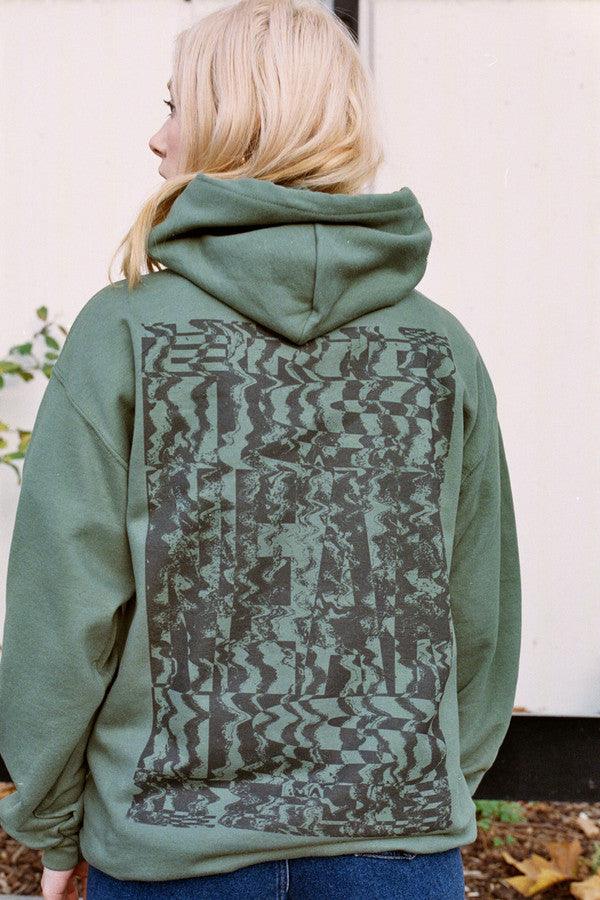 Military green hoodie featuring 'The End Is Near' printed design on the front, showcasing a relaxed fit and woven label details.