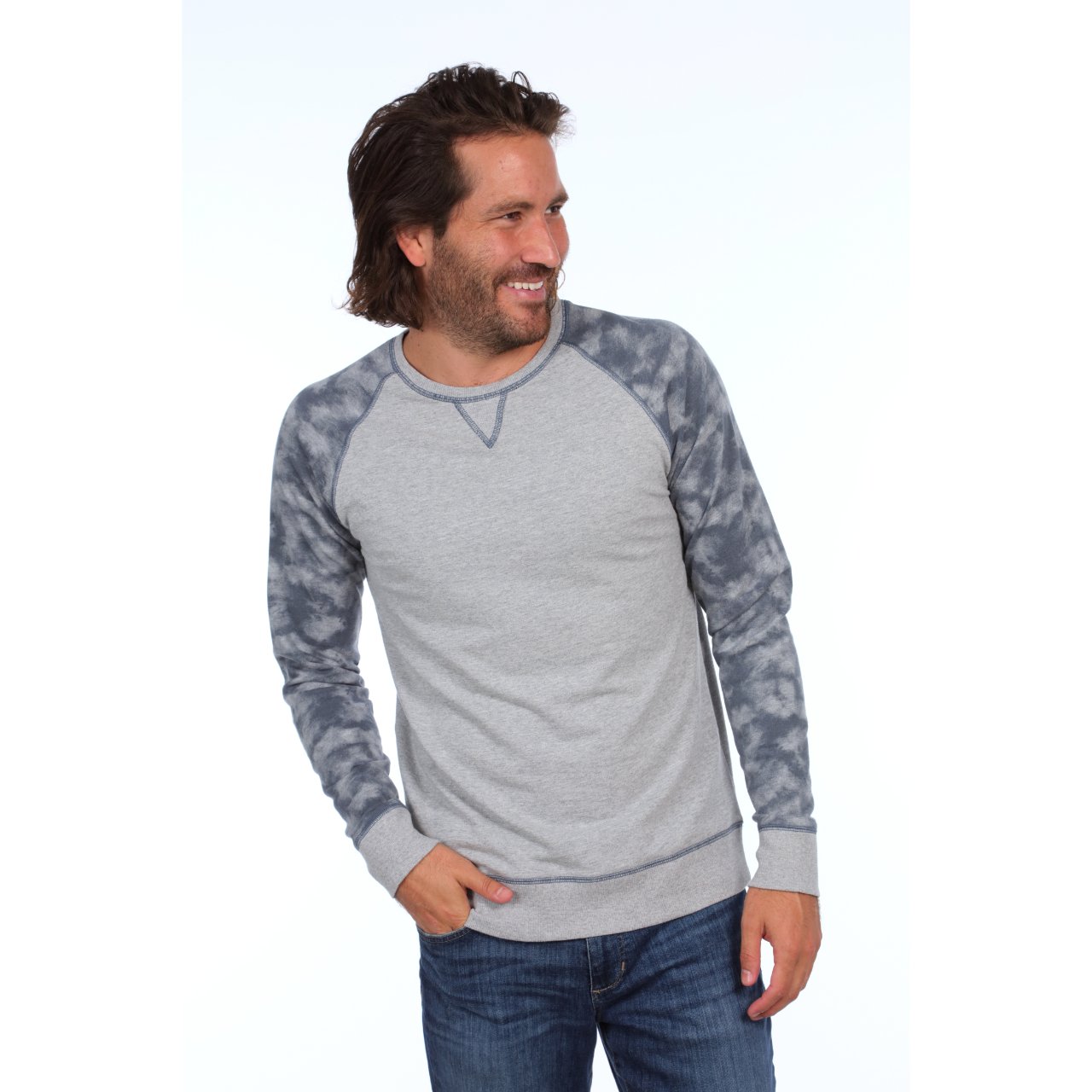 Milo Crew Neck Pullover in Grey Heather with faux tie dye design, featuring long sleeves and a comfortable fit.