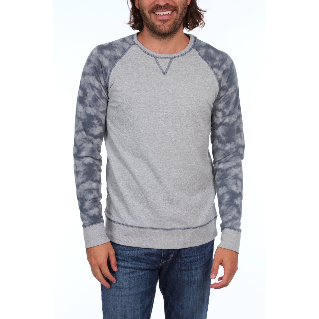 Milo Crew Neck Pullover in Grey Heather with faux tie dye design, featuring long sleeves and a comfortable fit.