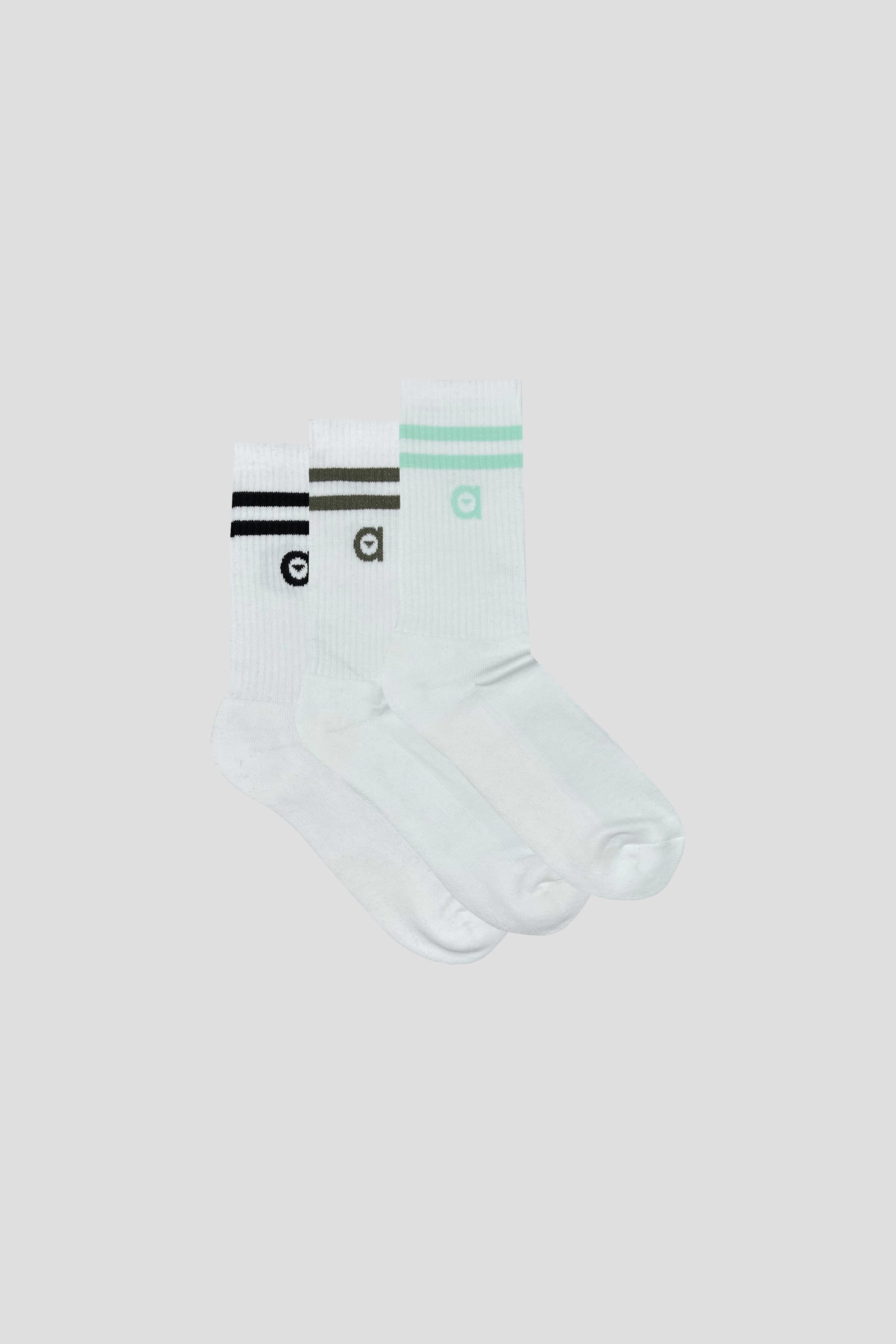 A pack of three striped socks in black, khaki, and mint colors, showcasing the soft texture and stylish design.