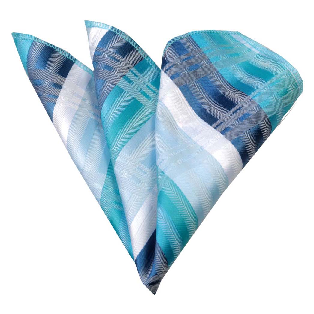 Multi Color Blue and White Premium Quality Men's Pocket Square made from luxurious jacquard woven European silk, elegantly folded and displayed.