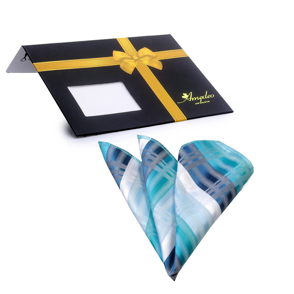 Multi Color Blue and White Premium Quality Men's Pocket Square made from luxurious jacquard woven European silk, elegantly folded and displayed.