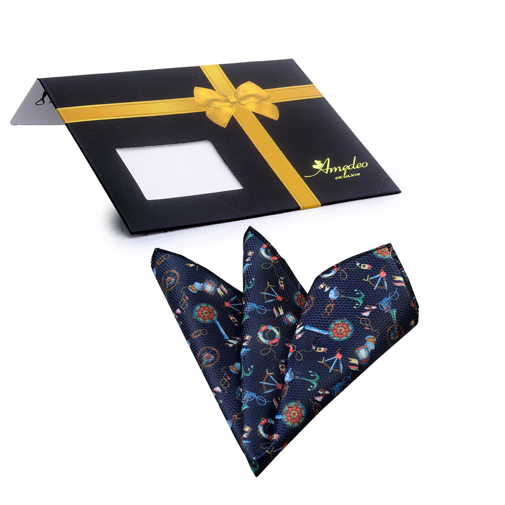 Multi Color Funky Style Mens Pocket Square made from premium jacquard woven silk in blue shades, elegantly folded and displayed.