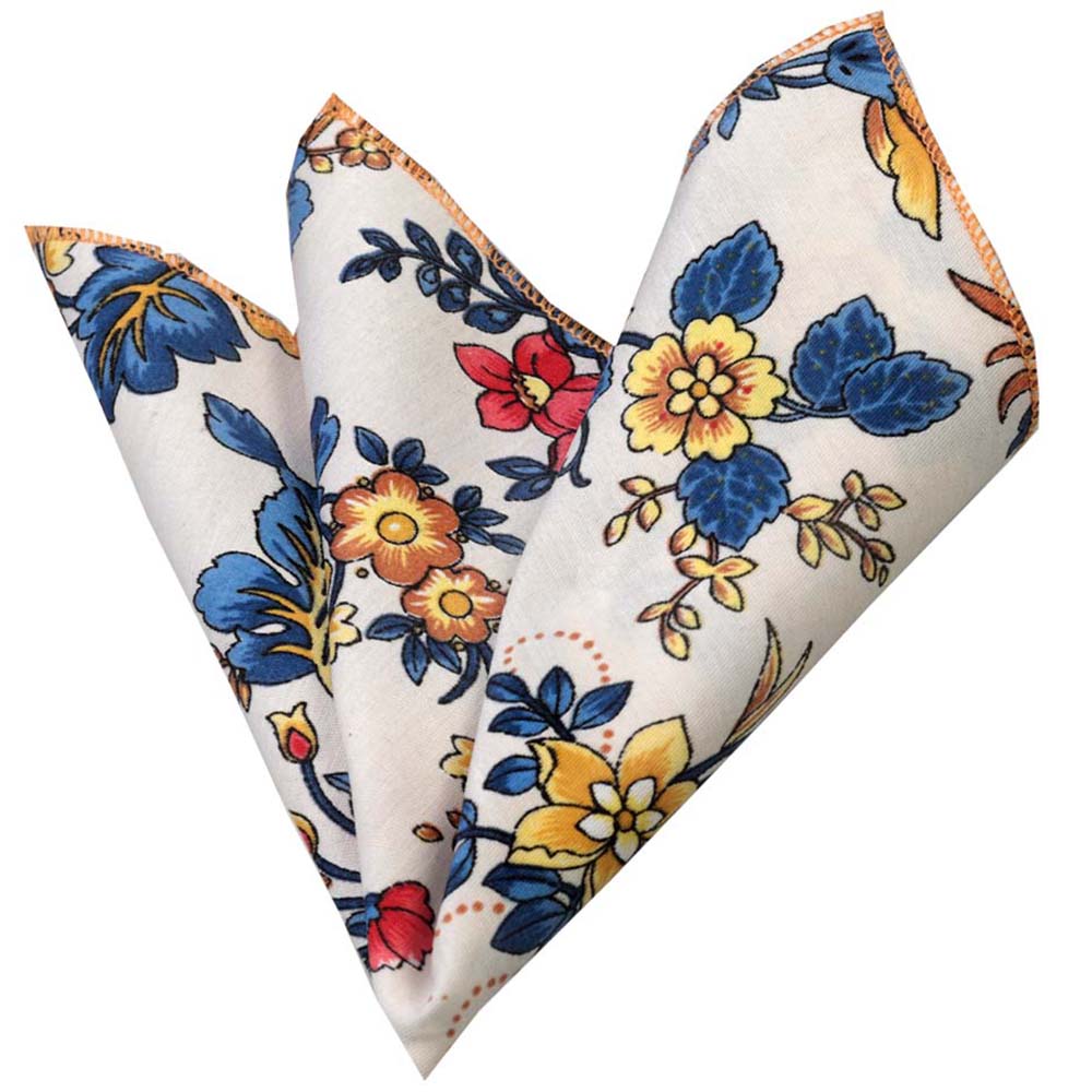 Multi Color White Floral Mens Pocket Square made from premium jacquard woven silk, featuring a vibrant floral design suitable for formal and casual wear.