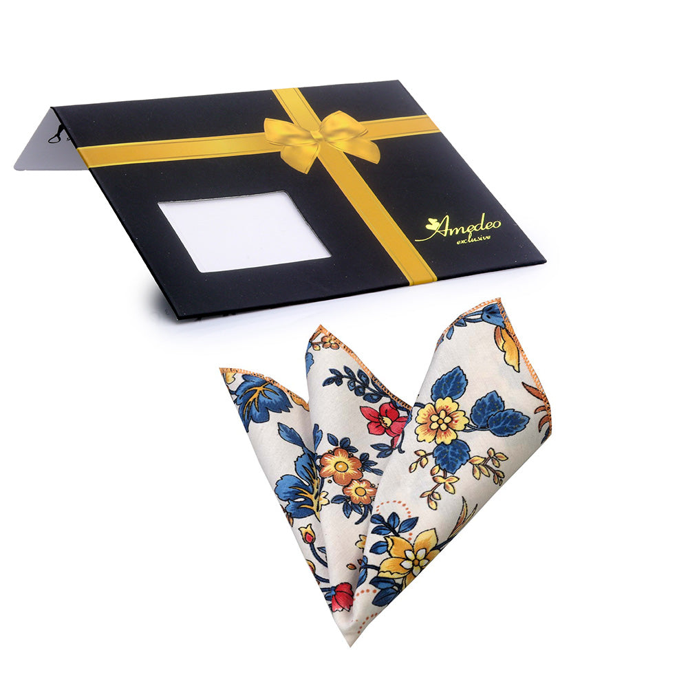 Multi Color White Floral Mens Pocket Square made from premium jacquard woven silk, featuring a vibrant floral design suitable for formal and casual wear.