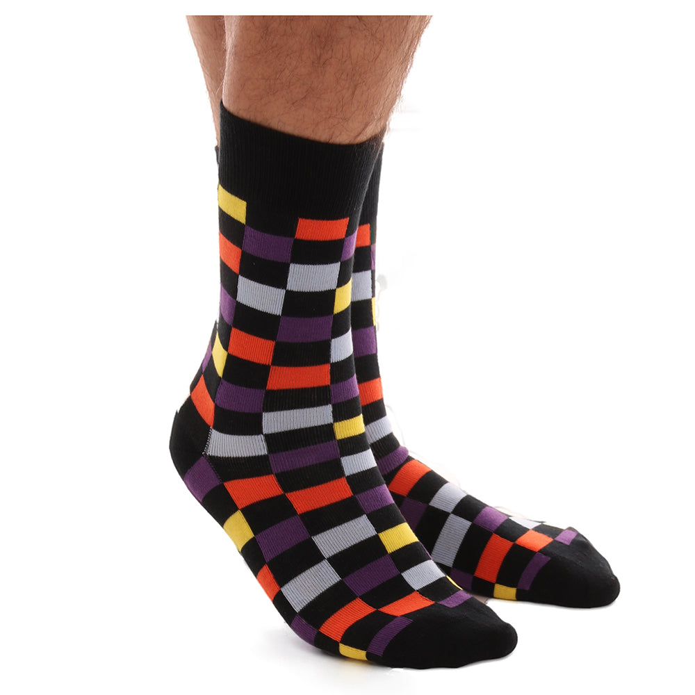 Multi Colored Check Stripe Mens Crew Socks made from premium cotton, featuring a vibrant design and ribbed elastic top for comfort.
