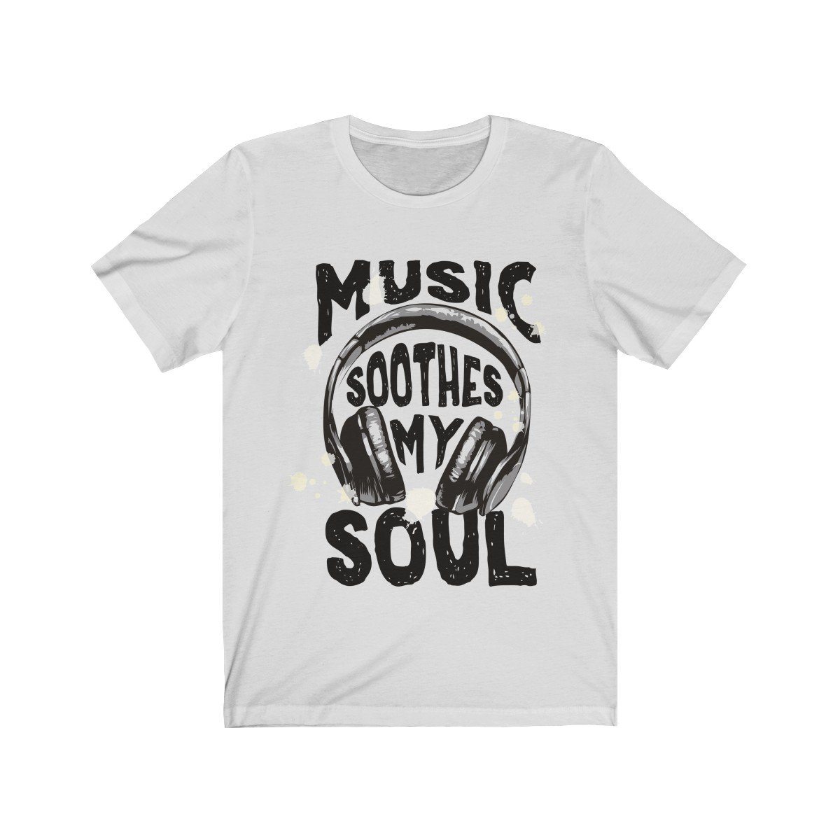 A soft cotton unisex T-shirt featuring the phrase 'Music Soothes my Soul' with a headphone graphic, perfect for music lovers.
