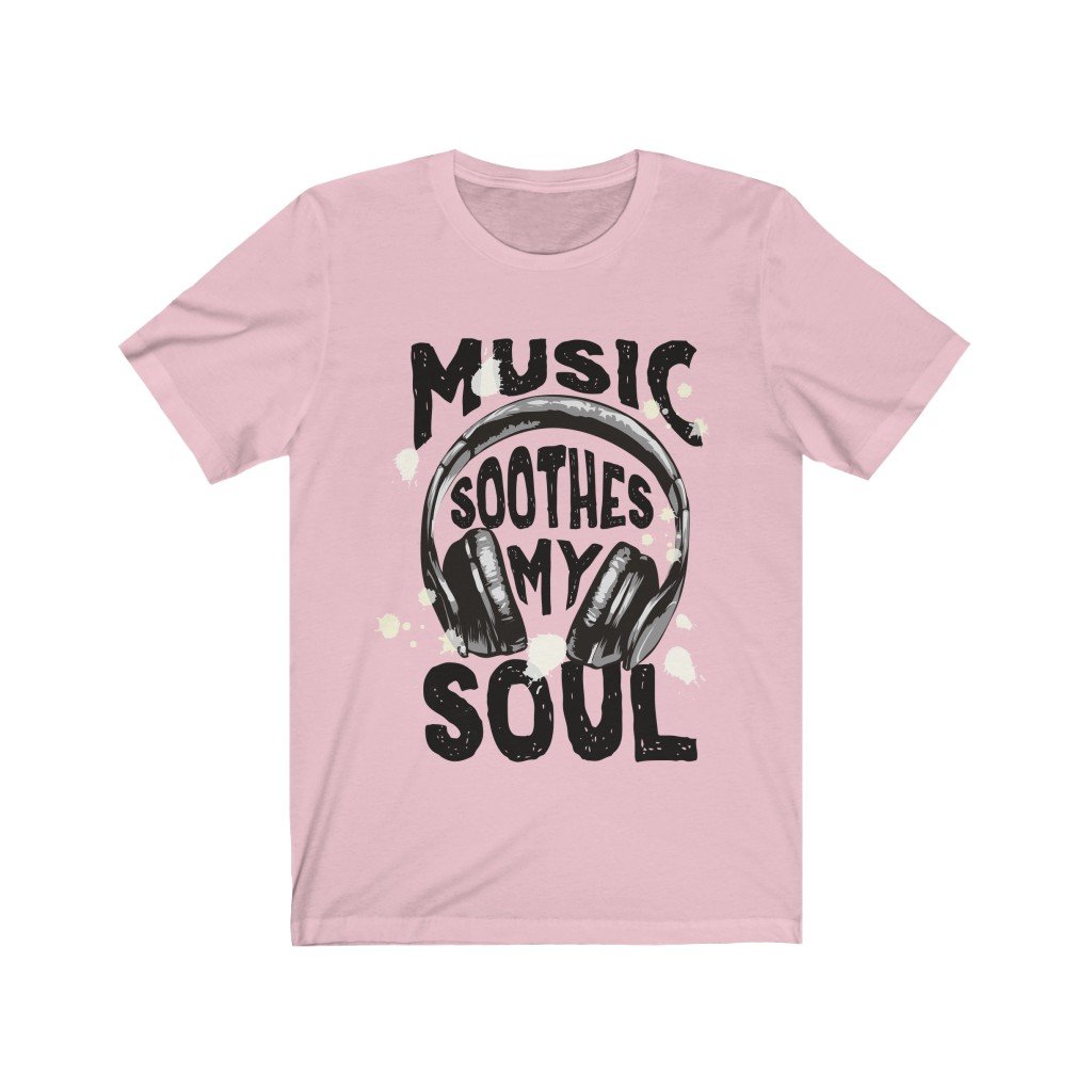 A soft cotton unisex T-shirt featuring the phrase 'Music Soothes my Soul' with a headphone graphic, perfect for music lovers.