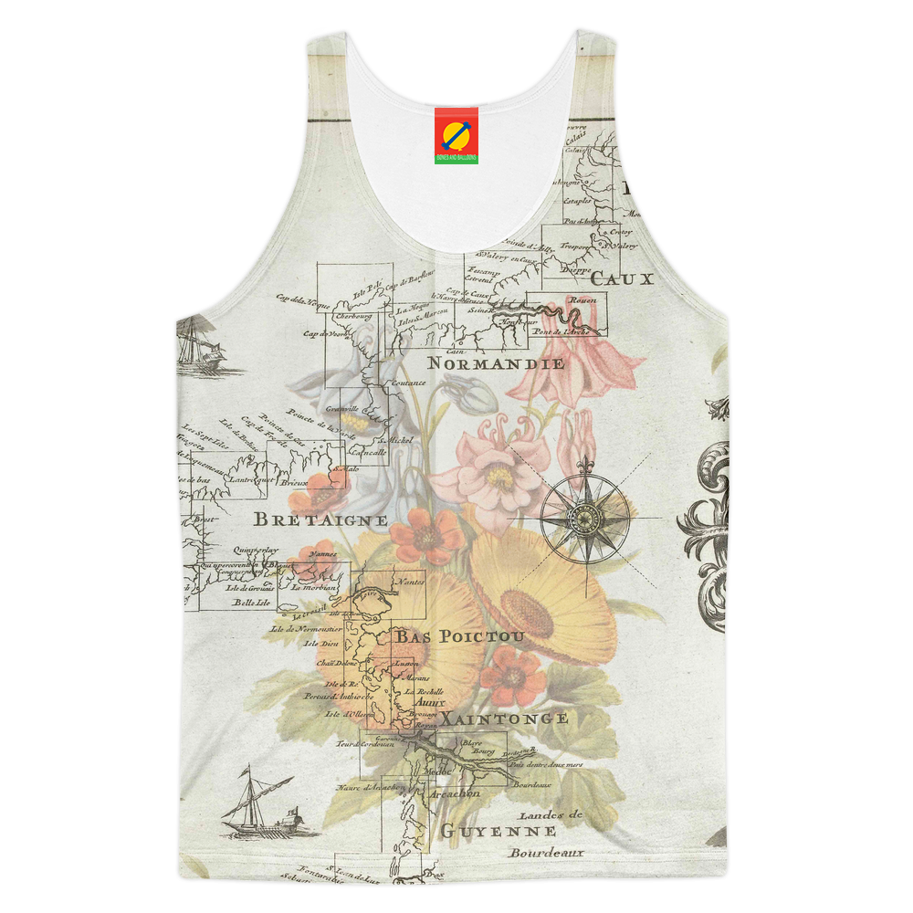 Women's all over print tank top featuring a nautical map design with flowers and birds, vibrant colors, and a comfortable fit.