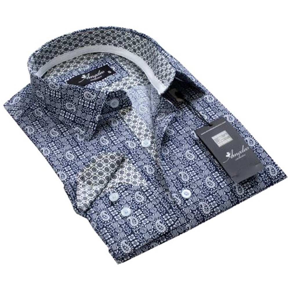 Navy blue men's slim fit designer dress shirt with white paisley pattern, featuring a spread collar and designer cuff.