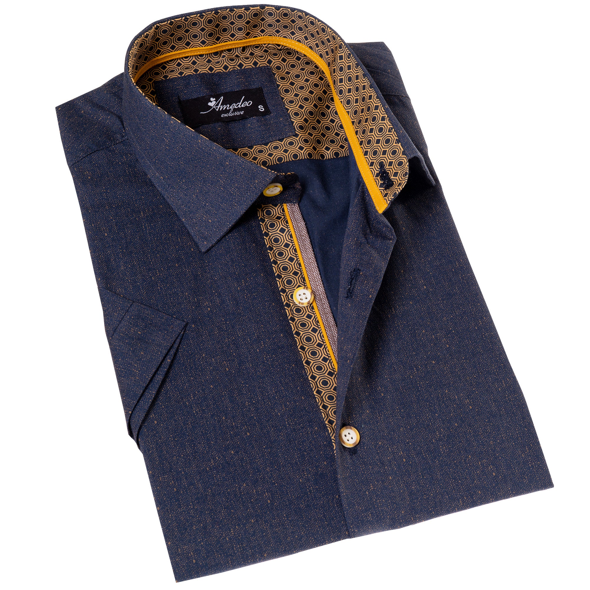 Navy Mustard Designer Paisley Short Sleeve Button-up Shirt featuring a stylish paisley pattern, made from luxury European cotton.