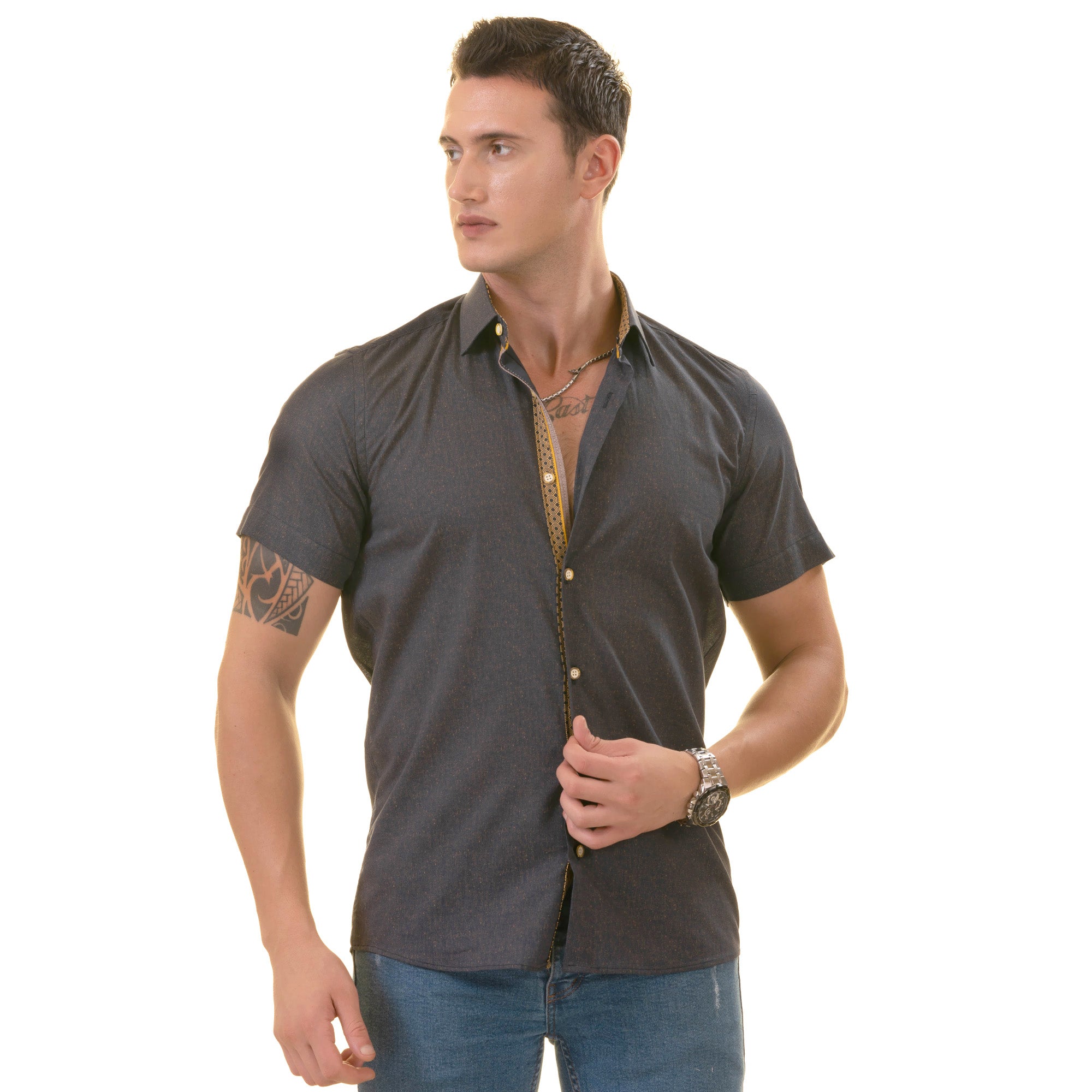 Navy Mustard Designer Paisley Short Sleeve Button-up Shirt featuring a stylish paisley pattern, made from luxury European cotton.