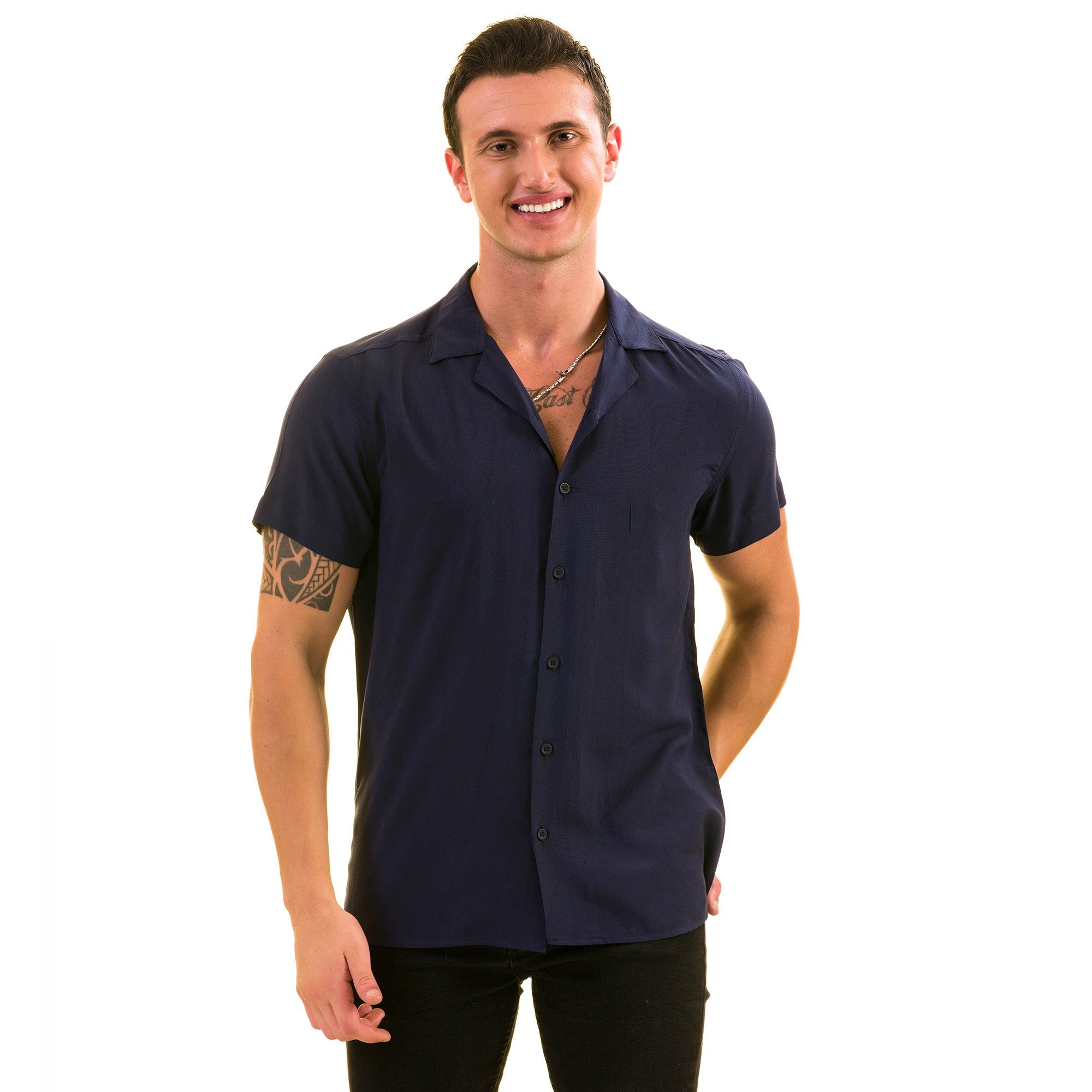 Navy solid Hawaiian summer shirt for men, showcasing European design and luxury cotton fabric, perfect for summer occasions.