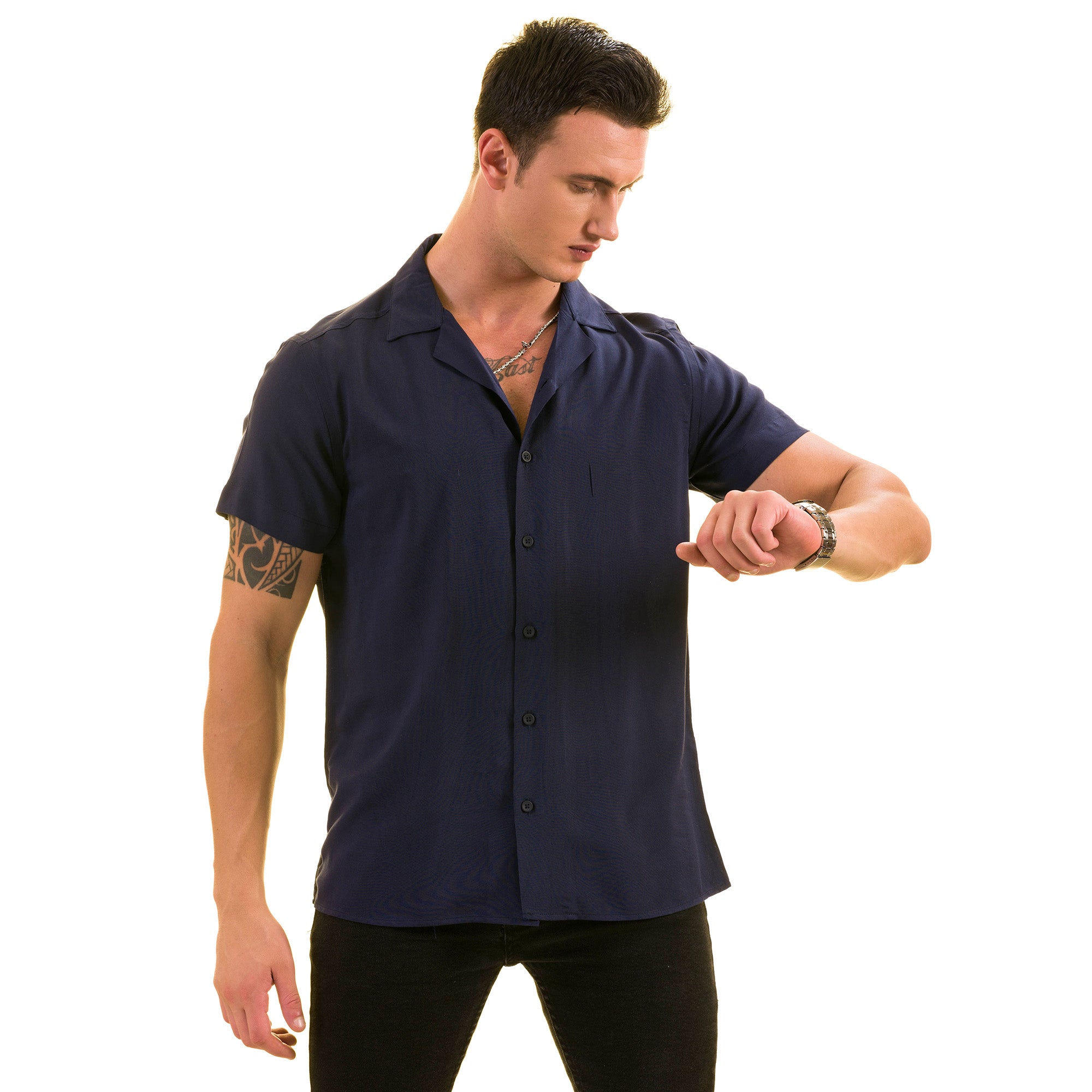 Navy solid Hawaiian summer shirt for men, showcasing European design and luxury cotton fabric, perfect for summer occasions.