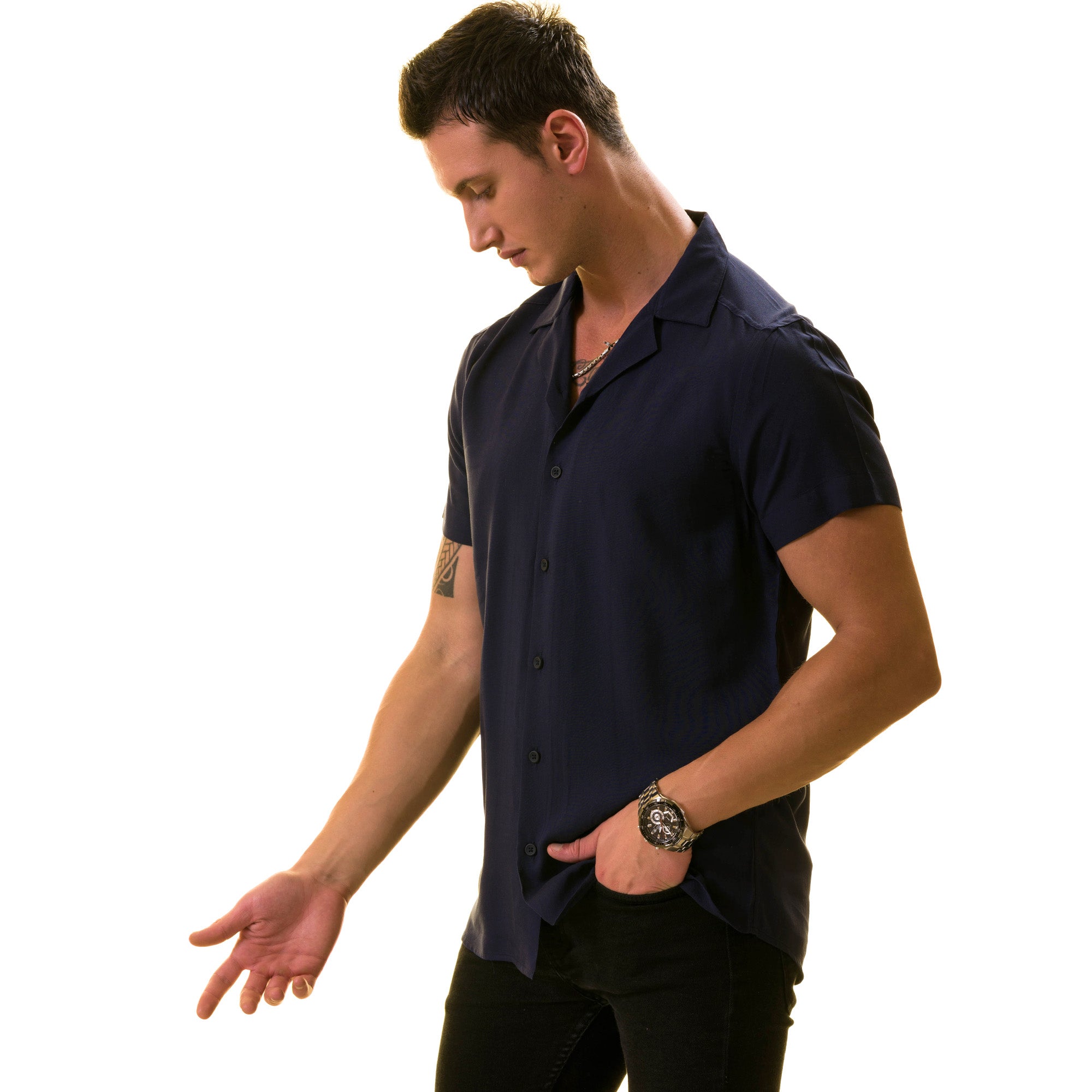 Navy solid Hawaiian summer shirt for men, showcasing European design and luxury cotton fabric, perfect for summer occasions.