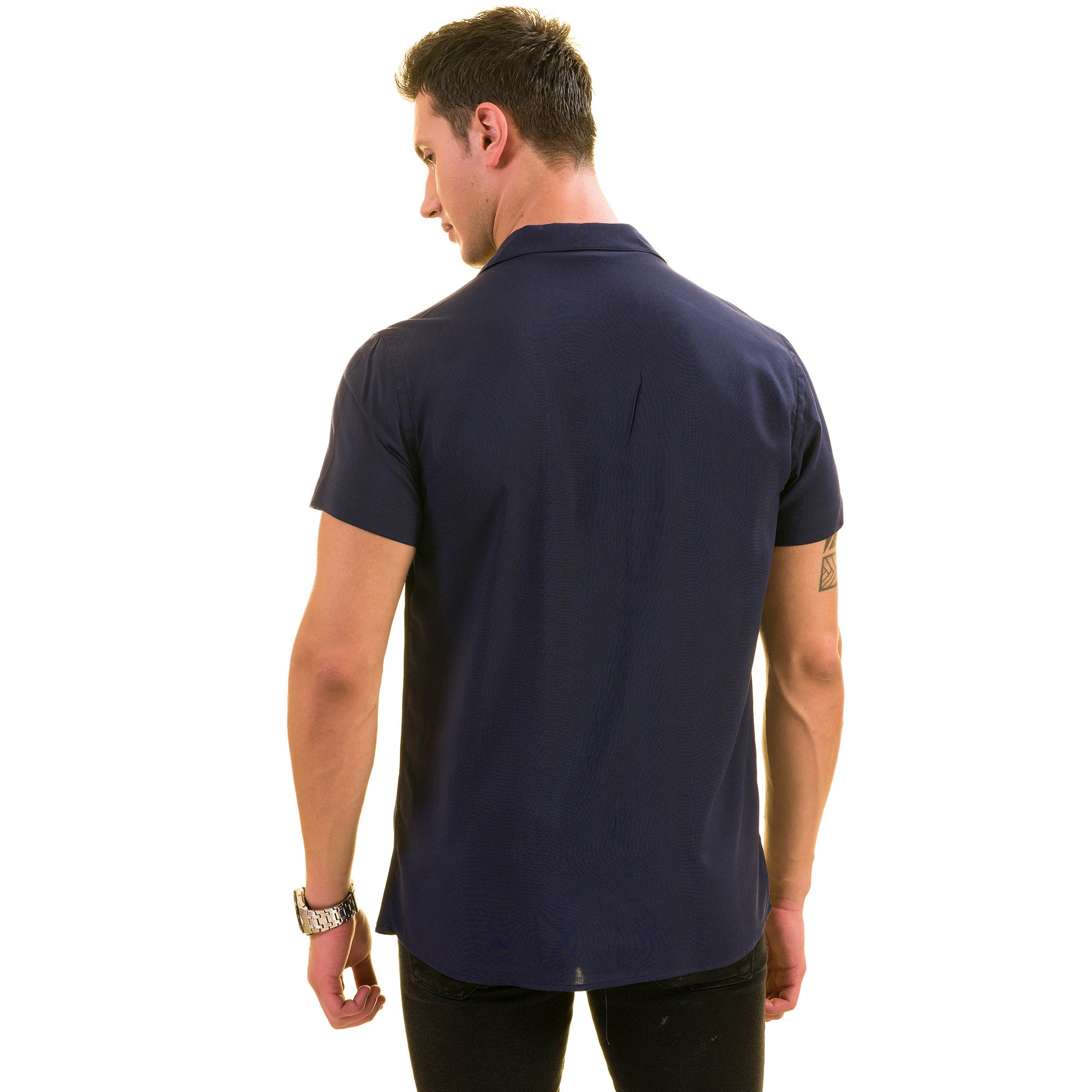 Navy solid Hawaiian summer shirt for men, showcasing European design and luxury cotton fabric, perfect for summer occasions.