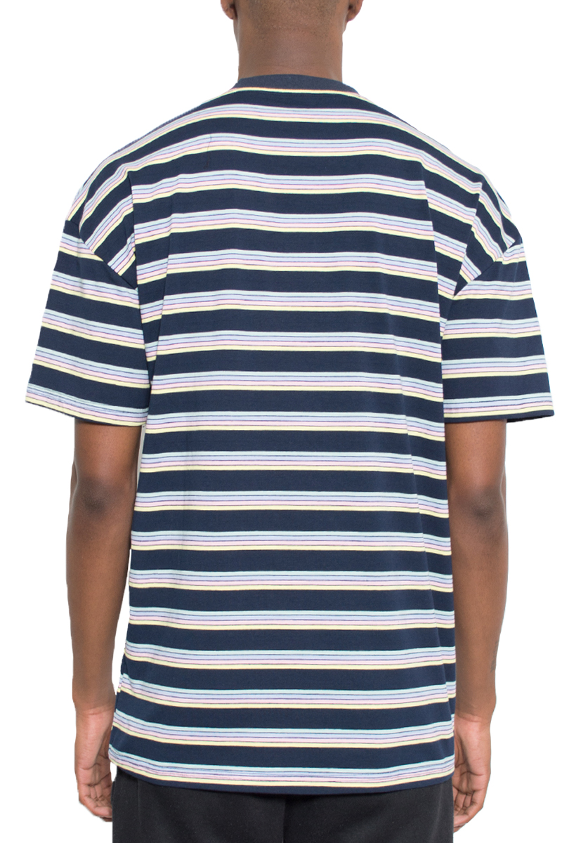 Nelson Striped T-shirt featuring yarn dye stripes, round neck, and straight hem, made from 100% cotton.